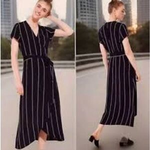 LOFT Black Striped Midi Wrap Dress